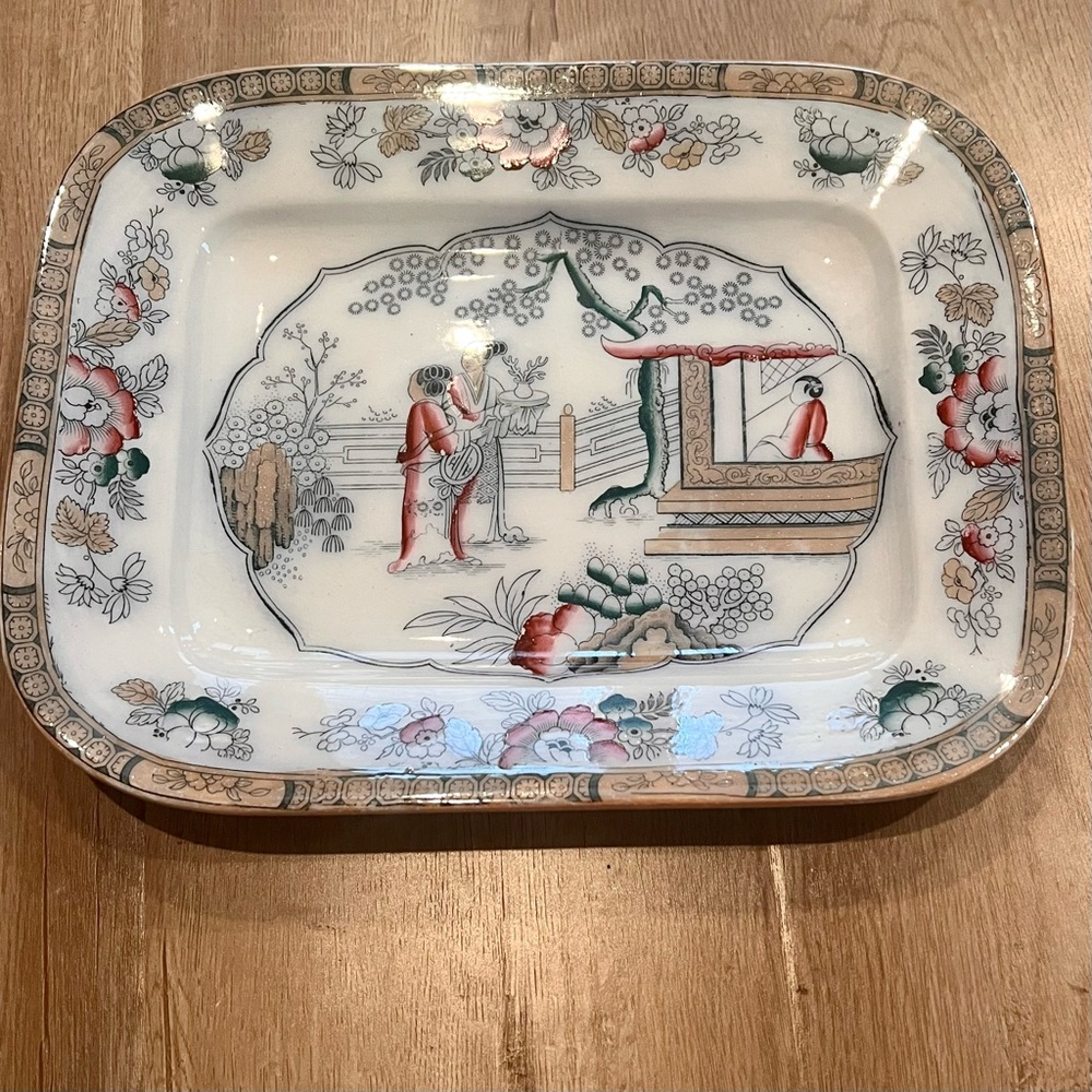 Antique England Oriental Ladies In Garden Pattern Ironstone‎ Polychrome Platter